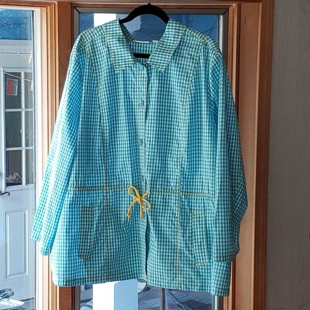 Denim & Co. Gingham Big Shirt with Anorak Detail and Tie Belt, 3X  Blue & White
